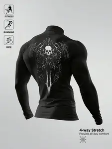 Men's Compression Rash Guard, High-Neck Long-Sleeve Skull Graphic Top, Training Shirt, 4-Way Stretch Quick-Dry, Ideal for Fitness, Running, Riding, Training