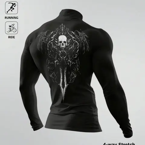 Men's Compression Workout Rash Guard, High-Neck Long-Sleeve Skull Graphic Top, 4-Way Stretch Quick-Dry, Ideal for Fitness, Running, Riding