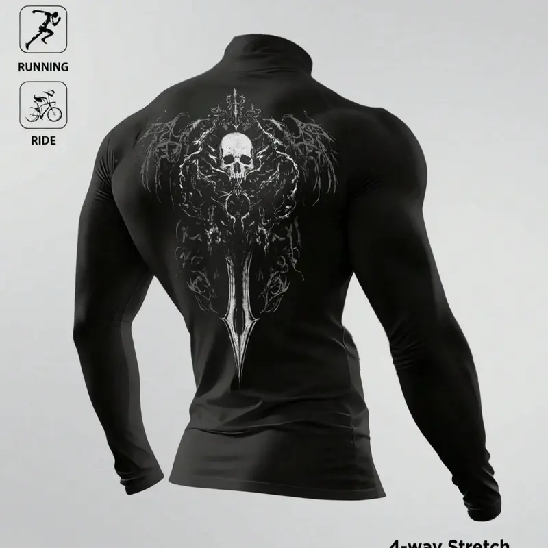 Men's Compression Workout Rash Guard, High-Neck Long-Sleeve Skull Graphic Top, 4-Way Stretch Quick-Dry, Ideal for Fitness, Running, Riding