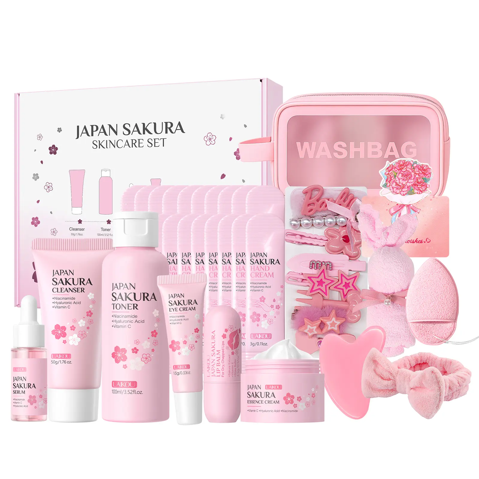 LAIKOU Skin Care Set Sakura Women Beauty Gift Sets Korean Skin Care Kit- Cleanser,Serum,Face Cream,Toner,Eye Cream,Hand Cream,Lip Balm-Skin Care Routine Kit, Moisturizing & Gentle Milk Skin Care for Teens Girls