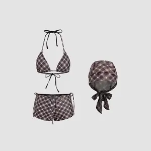 Cider Halter Neckline Check Knotted Triangle Tie Side Bikini Set With Cover Up Shorts & Headscarf SpringStatements