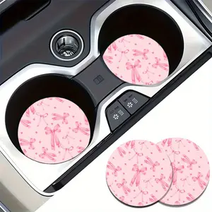 2pcs Pink Bow Tie Pattern Absorbent Car Cup Holder Coasters - Sponge Rubber Material, Stylish Auto Accessories for Women, Perfect for Vehicles & Home Desk Use