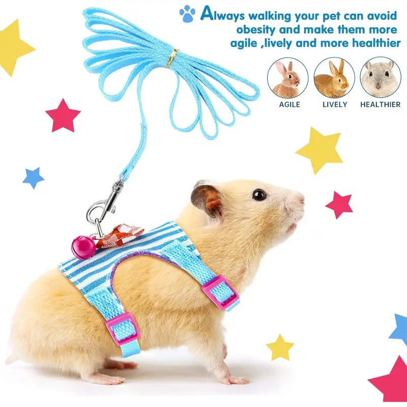 Ferret/Guinea Pig 2-Piece Fleece Harness & Leash Set - Adjustable Soft Fabric Striped Vest with Bowknot, Bell, Anti-Pull Design, All-Season Wear Small Animal Walking Pet Supplies