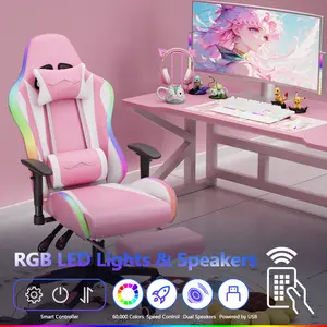 【Sweet!!】Mr IRONSTONE Gaming Chair with Speakers and Led Lights Ergonomic Massage Computer Gaming Chair with Broaden Cusion and Footrest High Back Video Game Chair for Adults Kids Boyfriend Father's Gift, Blue Black and Pink