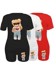 Women's Cartoon Bear Print Short Sleeve Fitted Tee & Shorts Set, Casual Round Neck T-shirt & Shorts, Ladies Two-piece for Daily Wear