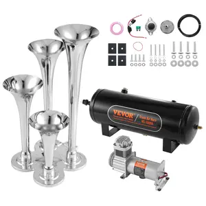 fathersdaygift  VEVOR Train Horns Kit, 4 Trumpet Air Horn Kit, 150dB Train Horns for Pickup Trucks, 12V 160 psi Air Compressor 2.6 Gal/10 L Tank with Gauge for Any 12V Vehicle Car Truck Train Van Boat