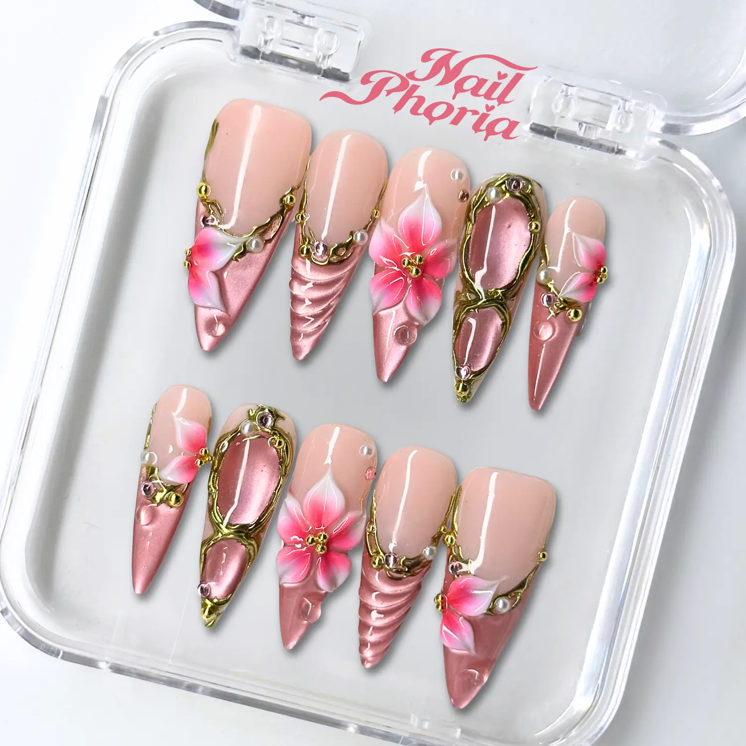 NailPhoria ROSY DEWDROPS -SUMMER Handmade Press-On Nails | Reusable, Salon-Quality, Long-Lasting, Glossy Design