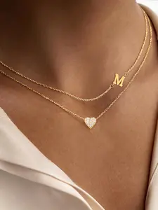 Women's Elegant Zircon Heart Initial Pendant Necklace Set, Stainless Steel Chain Multi-Layer Design, All-Season Jewelry, Initials Necklace, Dainty Necklace