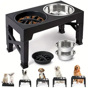 Height 5-Speed Adjustable Pet Food Bowl with 2 Stainless Steel Dog Food Bowls and  1 Slow Food Dog Bowl with Non-Slip Feet, Overall Collapsible,  Height Adjustable from 3.2 Inches to 12.2 Inches, Suitable for Small, Medium and Large Pets.