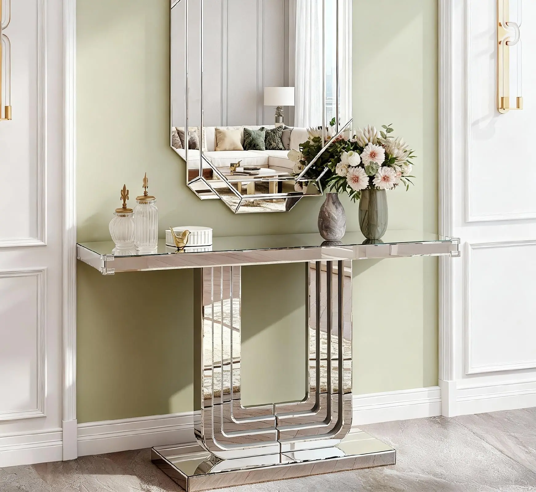 47in Silver Mirrored Console Table - U-Base, Hand-Spliced Lines Indoor Furniture for Living Room Decor, Entryway Use