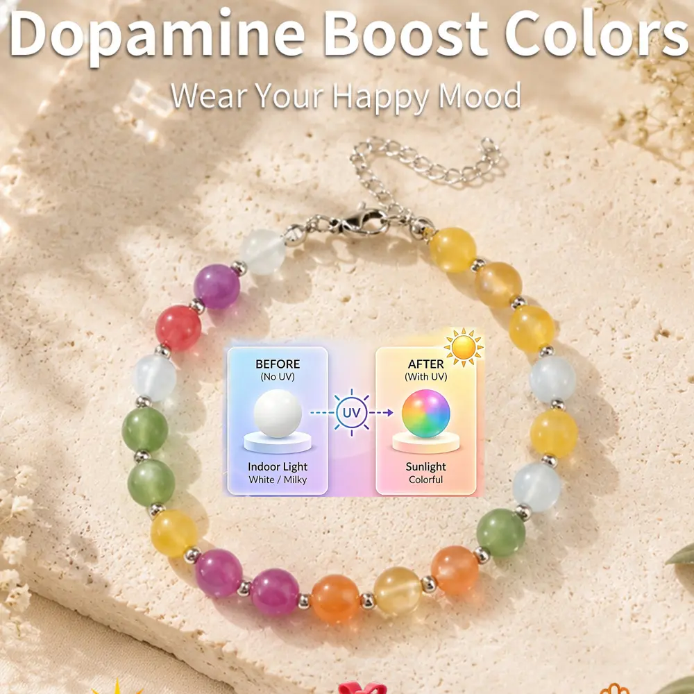 Charm Women Sunlight Color-Changing Natural Stone Beaded Anklet Vibrant Y2K Rainbow Candy Rosary Style Adjustable Foot Chain Bohemian Color-Changing Ankle Chain Vacation Travel Beach Bracelet Jewelry Holiday Wear Accessories