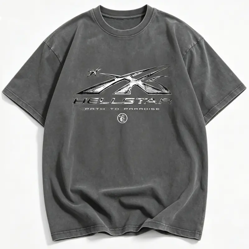 Hellstar Path To Paradise Graphic Washed T-Shirt Vintage Streetwear Oversized Short Sleeve Cotton Tee For Men Y2K Hip Hop Top