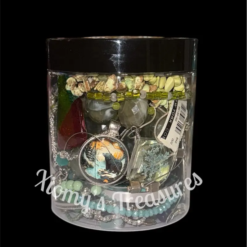 Xiomys Clear Plastic Jewelry Organizer Jar with Lid for Storage and Display Featuring Necklaces Bracelets Bangles Earrings Rings in Mixed Metal Tones