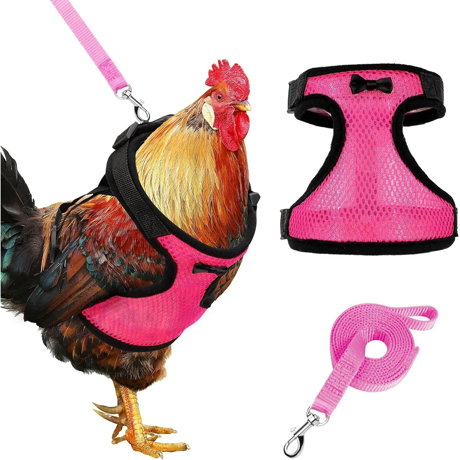 Chicken Harness with Leash, Upgraded Double Adjustment Chicken Harness and Leash Set for Hens, Duck, Goose, Small Pet (Pink, S)