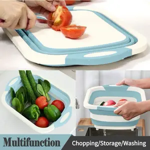 Collapsible Cutting Board with Colander, Light Blue, Multifunctional Kitchen Vegetable Washing Basket for BBQ Prep/Picnic/Camping cutting board Handy