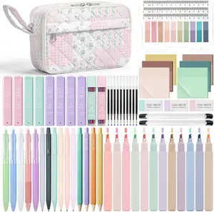 WOBAGMEN 62PCS Aesthetic School Supplies with Quilted Pencil Case, Pastel Highlighters, Gel Pens Mechanical Pencils Set, Cute Back to School Supplies, College Essentials (Pink Floral Patchwork, M)
