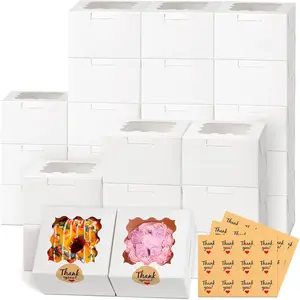 26pcs White Cookie Boxes with Window, Small Bakery Boxes with 36pcs Stickers, for Mini Cake Cookies Treat Dessert Pastry Donuts Macaroon Strawberries Chocolate Cupcakes Candy