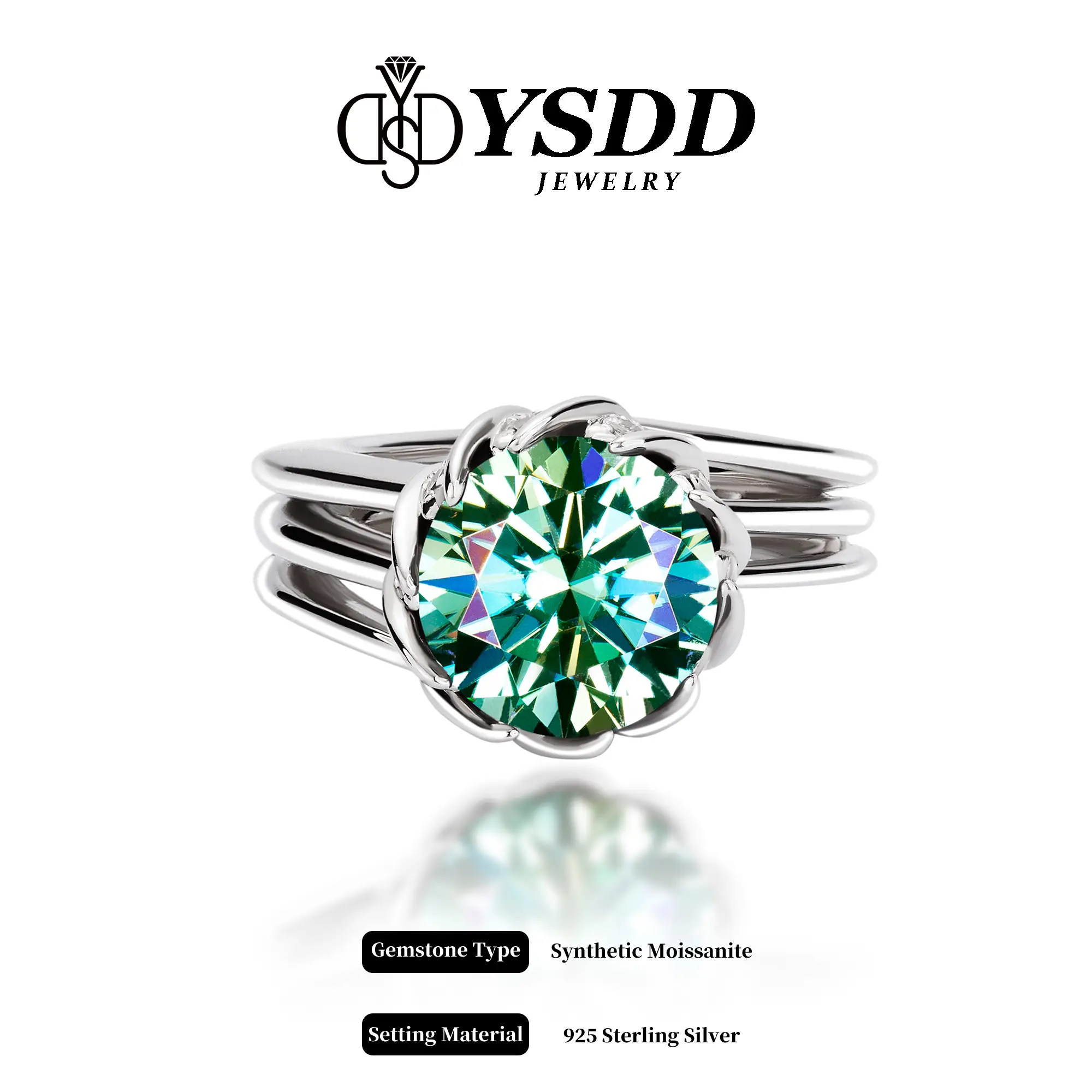 【#73 Cocktail Ring】3-5Carat Peacock Green Synthetic Moissanite Rings in 925 Sterling Silver
