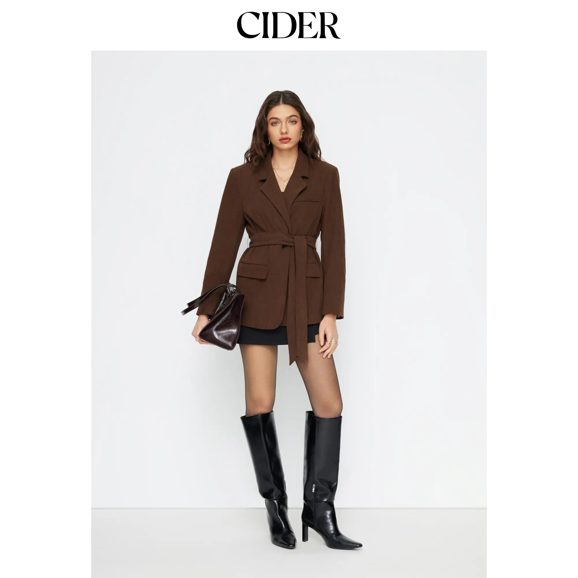 Cider Women's Chic Corduroy Collar Long-Sleeve Belted Fitted Blazer - Corporate Suit Separates for Professional Wear, Longsleeves
