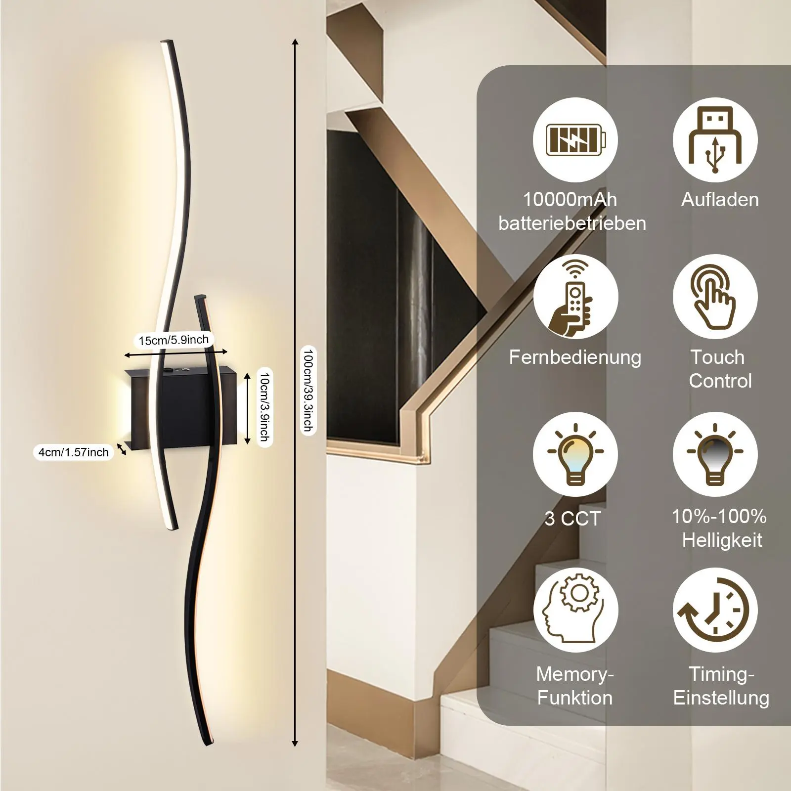 1 Pcs Modern Black Aluminum Dimmable Warm White LED Wall Sconce - Rechargeable Battery-Powered Home Decor Light, 15x10x4cm (15cm/5.9in), Timer Mode, Remote & Touch Control, Non-Hardwired, Vertical & Horizontal Mount, IP20, for Living Room, Bedroom, Remote