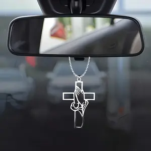 Stainless Steel Cross Car Interior Hanging Ornament, Titanium Steel Religious Belief Accessory, Rearview Mirror Decoration