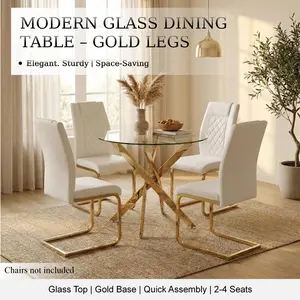 35.5-Inch Tempered Glass Round Dining Table, Modern Gold Legs, Space-Saving, Easy Assembly, for Dining Room, Kitchen, Apartment, Gold