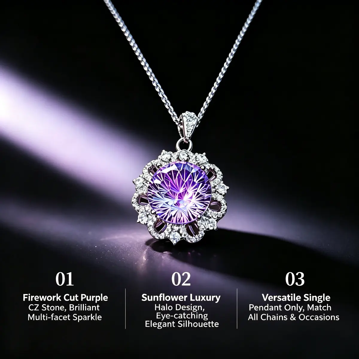 Crystal Necklaces for Women, Sunflower Halo Pendant with Firework-Cut Purple Stone and Rainbow Sparkle, Cubic Zirconia on a Copper Chain, Affordable Fashion, Bling Effect, Precision-Made, Colored Crystals Necklaces, Advanced Sense, Crystal Accent