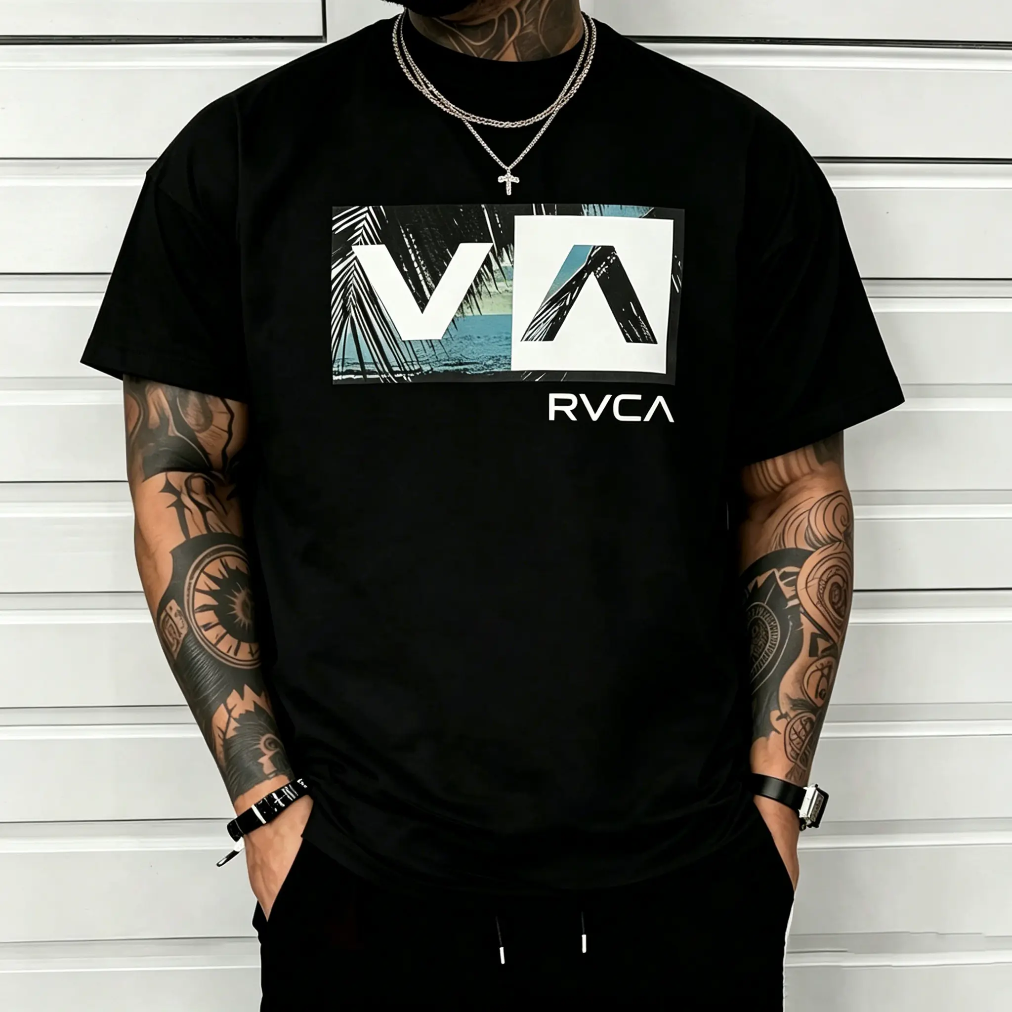 Men's "RVCA VA" Graphic T-Shirt, Casual Streetwear Tee With Tropical Palm Print, Surf & Skate Style Short Sleeve Top