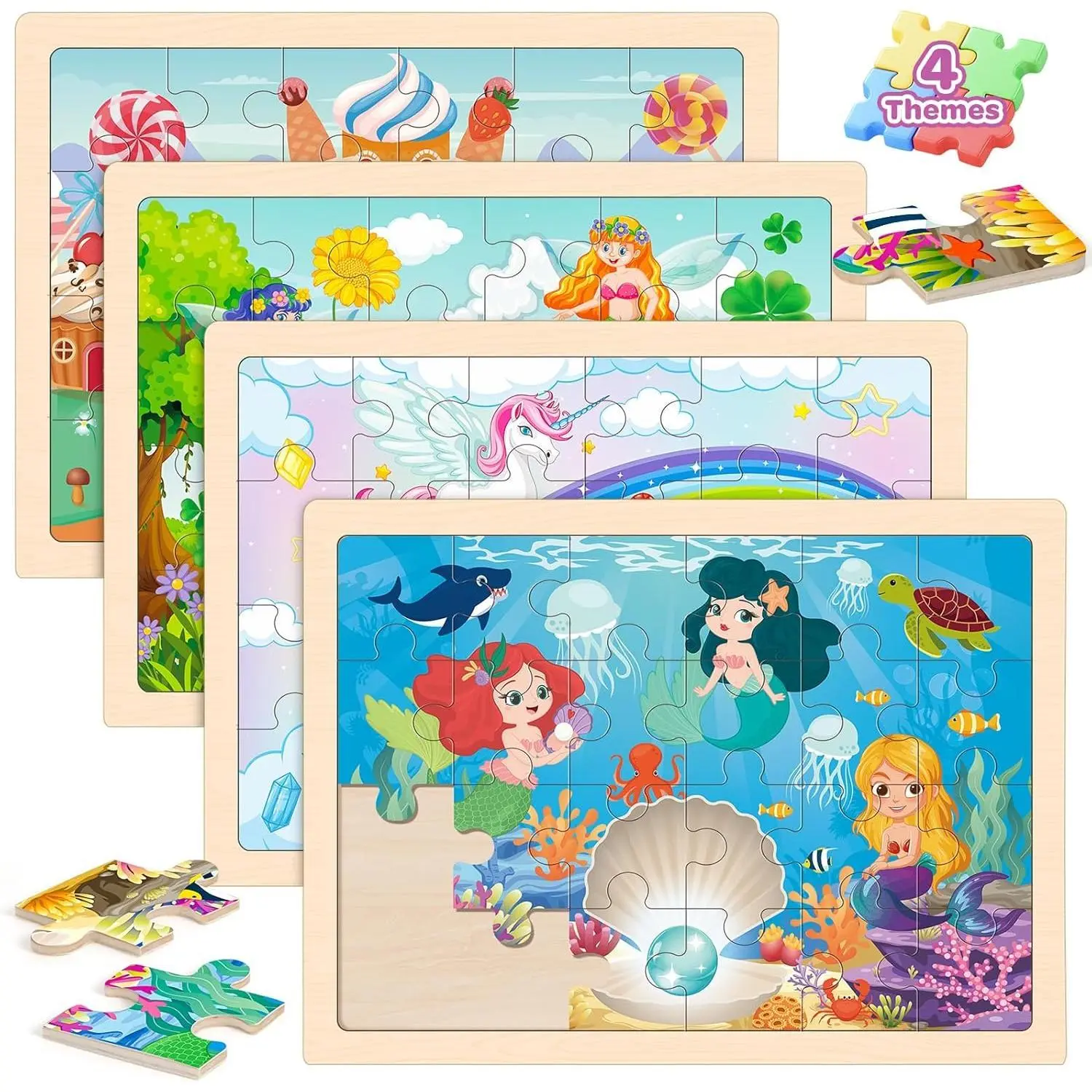 P-JP011    Puzzles for Kids Ages 4-6, 4 Packs Wooden Jigsaw Puzzles for Toddlers 2-4, Princess Unicorn Mermaid Fairy Preschool Educational Puzzles Boards Toys Gifts for Girls Boys 3 4 5 6