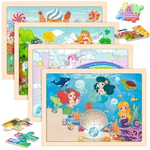 P-JP011    Puzzles for Kids Ages 4-6, 4 Packs Wooden Jigsaw Puzzles for Toddlers 2-4, Princess Unicorn Mermaid Fairy Preschool Educational Puzzles Boards Toys Gifts for Girls Boys 3 4 5 6