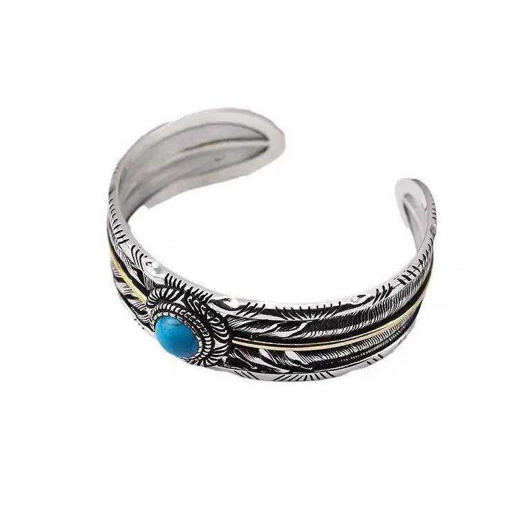 Elegant Feather Cuff Bracelet with Turquoise Stone, Vintage Bohemian Adjustable Bangle for Men and Women - Father's Day Gift, 30G, All Seasons, Bead, Casual, Plastic, Feather Bracelet, Modern, Round, Retro