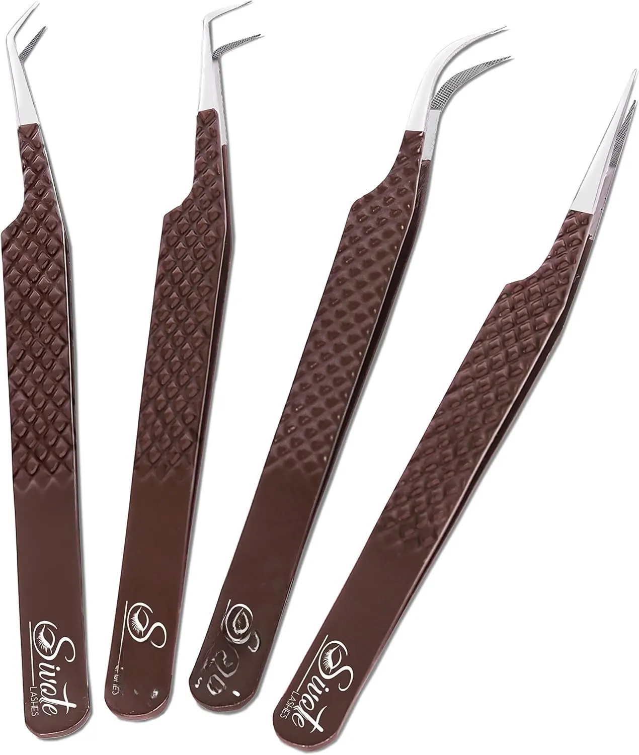 Lash Extension Tweezers Fiber Tips, Set of 4, Curved, Dolphin, 90  & 45  Tweezer,