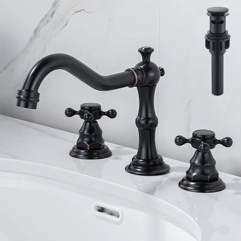 ATSHOWER 8-in Vintage Widespread Bathroom Sink Faucet, 3-Hole Deck-Mounted Lavatory Vanity Mixer Tap with 2 Cross Handles, Pop-Up Drain, Hot Cold Water, Oil Rubbed Bronze & Brushed Nickel Countertop/Bar Faucets