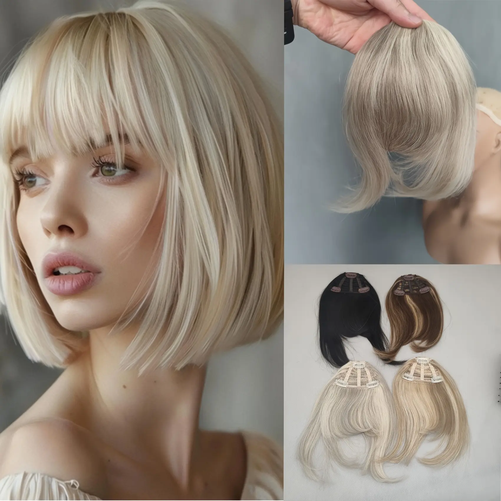 Wholesale 2025 Arrived 10inch/25cm 28grams 1pc/pack real natural human hair pieces topper fringe /3D 3 anti-slip clips thick invisible hair bang clips hair extension with temples cover grey hair add volume 4 color availdaily change hair style accessory wo