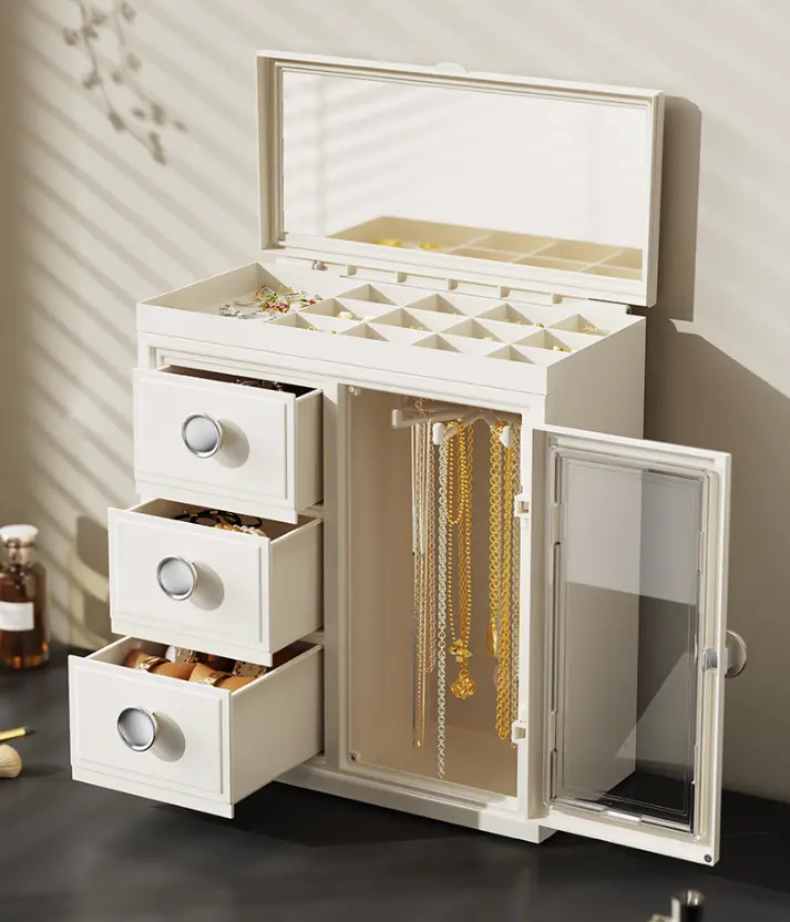 Multi-Layer stackable Rectangular Modern Jewelry Box with Mirror - Durable Storage for Women, Metal-Accented Large-Capacity Organizer for Earrings, Rings, Dresser Decor, Ideal Gift for Mother's Day cosmetic bedroom