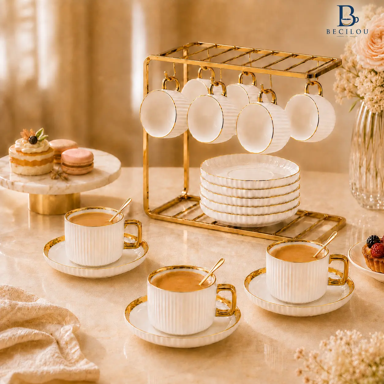 BECILOU Luxury Ceramic 6-Piece Coffee & Saucer Set with Gold Rack, Modern Contemporary Everyday Kitchenware for Home Coffee Corner & Elegant Afternoon Tea Setup, Elegant Home