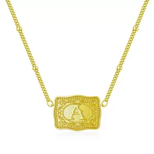 Trending Personalized Initial Necklace with Embossed Belt Buckle - Fashionable Daily Jewelry for Women and Men
