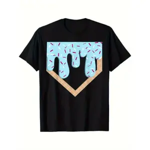 Boys' Baseball Ice Cream Drip Graphic Tee - Breathable, Moisture-Wicking Polyester Shirt Featuring a Baseball And Bat Design - a Black Casual Summer Top, Perfect Gift for Young Sports Enthusiasts