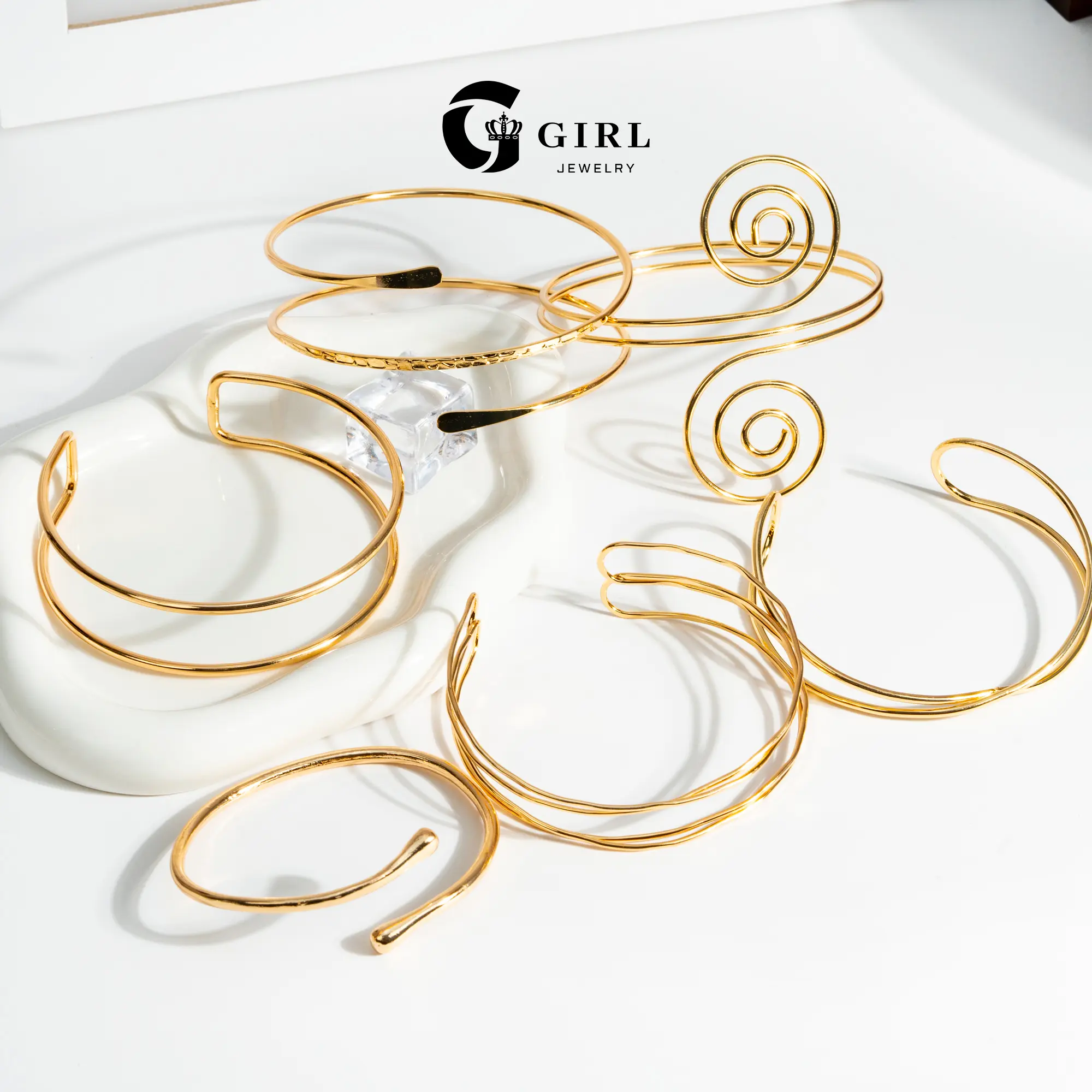 GGIRL 18K Gold Plated Geometric Open Bangle & Arm Cuff Set - Minimalist, Comfortable Open Design, Stackable, Versatile, High-Quality Fashion Bracelet Accessory, Holiday Birthday Anniversary Gifts for Women Men's jewelry