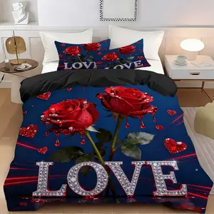 2/3 Pcs Rose ,Love Quilt Cover Set,Soft,Breathable 100% Polyester Fiber,High-Definition Digital Printing,Suitable For All Seasons!Perfect Gift,Suitable For Family,Machine Washable(1 Duvet Cover+1/2 Pillowcase,No Filling)