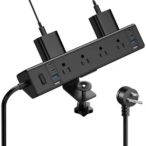 40W   Station,Desk Clamp Power Strip 20W USB C,8 Outlets,8 USB Ports,4 USB C and 4 USB A, Office Furniture Surge Protector, 14AWG Cord, Fits 1.9" Tabletop Edge (Black, 10FT Length)