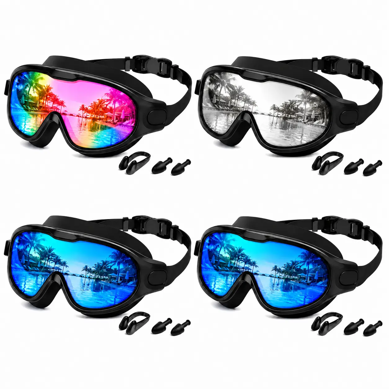 4/2Pack Swim Goggles with Nose Clips and Ear Plugs for Adults and Teens, Leak-Proof Anti-Fog Swimming Goggles with 180° Wide View for Pool, Beach and Open Water