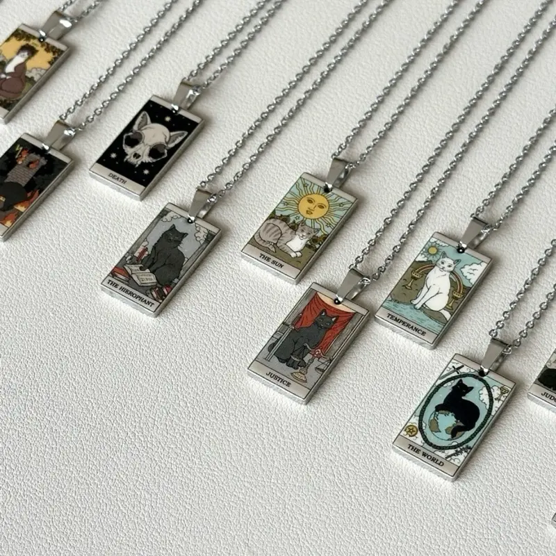 Mystical Cat Tarot Cards Charm Necklace - Stainless Steel Spiritual Gift Women The Lovers The Empress The Star Wheel of Fortune Charm Pendant Tarot-Inspired Witchy Celestial Style