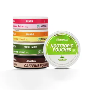 MINOA Caffeine Pouches, 50mg Natural Caffeine, Vitamins and Minerals Clean Energy Brain Fuel for Cognitive Performance and Delicious Flavor, Replacement/Alternative for Focus and Energy, 20 Pouches Per Can, 4 Refreshing Flavors