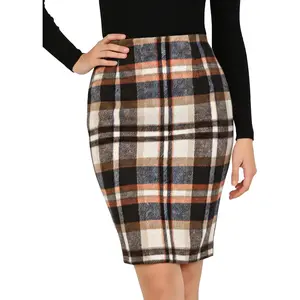 Women's Plaid Checkered Print Midi Skirt - Fall Winter Knee-Length Wool Pencil Skirt with Back Slit, Built-In Stretch, 2026 Trendy for Christmas Holiday Occasions, Midi Skirts, Checkered Print Skirts