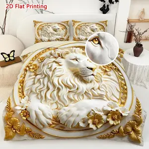 Embossed Forest Lion Statue Print Bedding Set, Includes 1 Fitted Sheet and 2 Pillowcases, Comfortable Bedding Ensemble, Decorative Bedsheet Sets, Unique Print