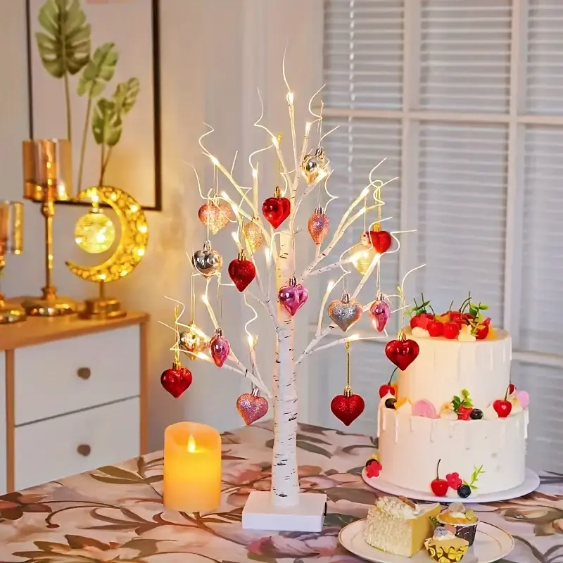 Illuminated Birch Tree Ornament (1-Pack) with 18 Love Hearts, Freestanding Battery-Operated Artificial Decor for Indoor/Outdoor Use, Festive Room Decor for Christmas, Valentine's Day