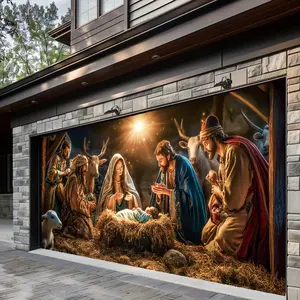 1 religious character nativity scene garage door banner Large polyester tapestry with Mary and Joseph outdoor holiday decoration, perfect for holiday and party atmosphere poinsettia artificial
