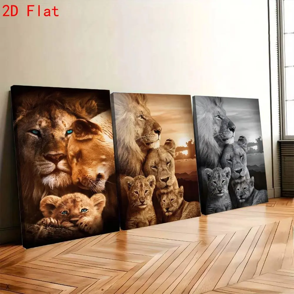 3-Piece African Lion Family Sunset Nature Animal Artwork - HD Printed 2D Flat Canvas, Pine Wood Framed/Unframed Modern Minimalist Universal Home Decor for Dining Room, Classroom