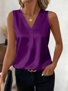 High-End Satin V Neck Vest, Smooth Drape Top, Business Formal Elegant Style, Sleeveless Fitted Shirt for Spring & Fall, Versatile Wear, Womenswear